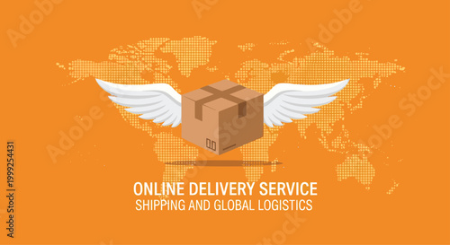 Global online delivery service and logistics concept featuring winged cardboard box package flying over world map.