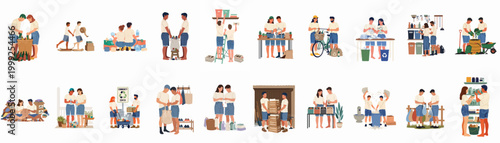 Vector illustration set of diverse people engaged in environmental activities like recycling, composting, sorting waste, and sustainable living practices.