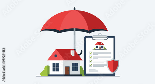 Property protection and home insurance concept with giant red umbrella covering a small house next to insurance policy.