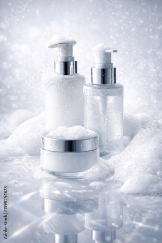 Luxury skincare products in white soap foam with water drops. Cosmetic bottles and cream jar on a sparkling background with light refractions.