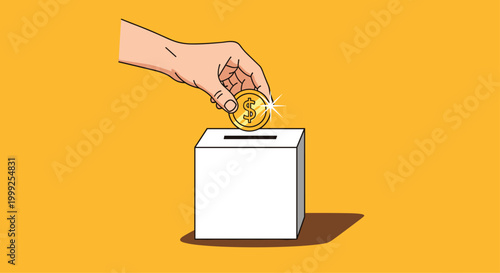 Hand putting a golden dollar coin into a white donation box or savings container against a bright yellow background for charity concepts.