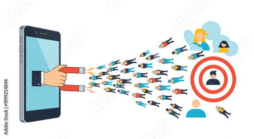 Mobile marketing strategy concept with a hand from a smartphone using a magnet to attract and target a specific audience for business growth.