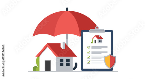 Comprehensive home insurance illustration showing a house under a red umbrella with an assured protection checklist and a security shield.