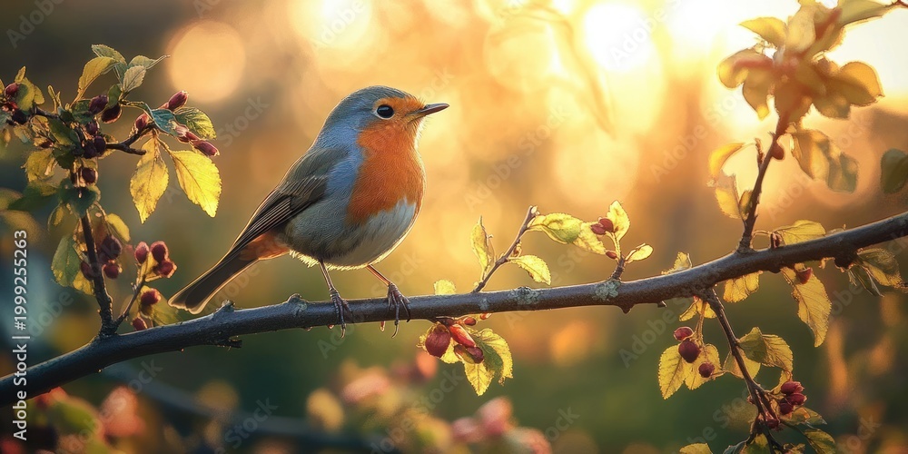 Fototapeta premium Small orange-breasted songbird perched on berry-laden branch at golden sunset, warm glowing light and tranquil peaceful mood