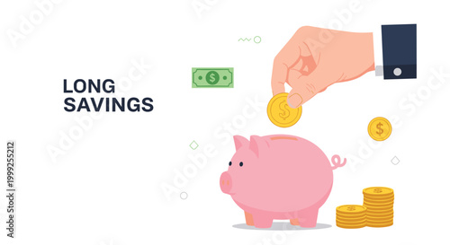 Long savings concept with a corporate hand dropping gold coins into a pink piggy bank to represent financial stability and retirement goals.