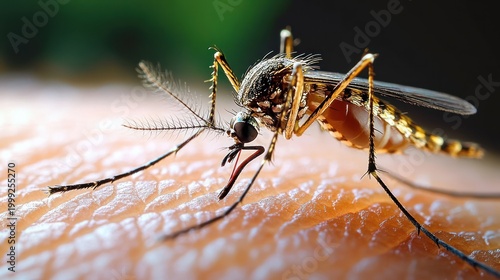 extreme close-up of a mosquito piercing human skin with its proboscis, visible antennae, legs and wings, evoking irritation and discomfort