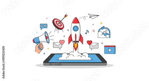 Marketing launch concept with a rocket flying out of a smartphone screen surrounded by social media, email, and target advertising icons.
