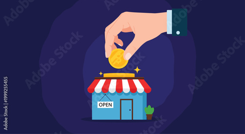 Corporate hand putting a Bitcoin coin into a small retail shop to represent cryptocurrency adoption, digital payments, and modern commerce.
