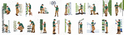 Set of vector illustrations depicting male agricultural technicians working in modern vertical farms, hydroponic systems, and research laboratories for sustainable food production.