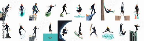 Conceptual illustrations of scuba divers performing various surreal underwater and cliff jumping activities in full gear.