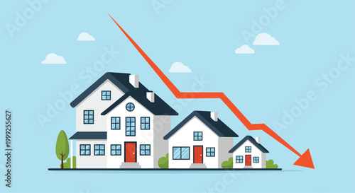 Real estate market trend illustration with three houses and a descending red arrow indicating falling property values and economic decline.