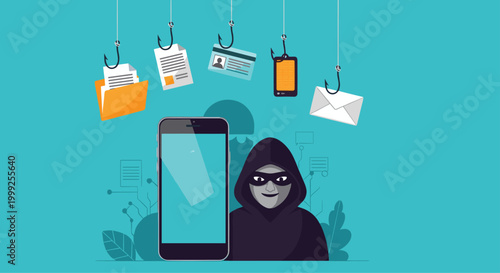 Cybersecurity threat illustration showing a hooded hacker stealing sensitive data icons from a smartphone like files, emails, and cards.