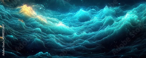 glowing turquoise and teal ocean waves with golden highlights, turbulent yet serene panoramic seascape conveying awe and mystery