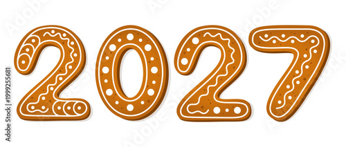 2027 gingerbread cookies with white icing. New Year banner with cute numbers. Winter holiday or homemade dessert theme. Vector illustration.