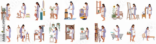 Flat illustration set of a pregnant woman taking prenatal vitamins in various domestic settings, from the nursery to the kitchen.