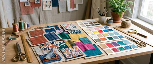 Designer's worktable with fabric swatches, color charts, and various creative tools neatly arranged