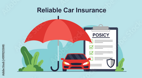 Reliable car insurance concept depicting a red vehicle protected by a large umbrella next to a policy checklist.