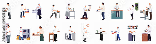 Collection of diverse professional chefs cooking and preparing food in various kitchen settings, isolated flat vector illustration for culinary and restaurant concepts.