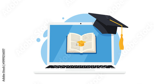 Electronic learning platform represented by an open book and a graduation cap on a laptop screen for online study.