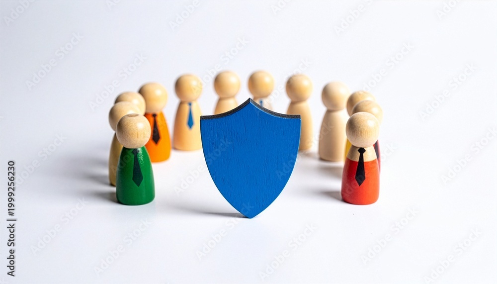 Obraz premium Concept of a team safeguarding behind a shield, representing security, protection, and collective strength.
