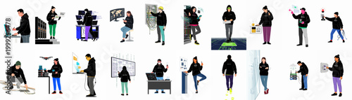 Collection of illustrations featuring hackers and cybersecurity experts engaged in various digital and physical data breach, hacking, and IT infrastructure security activities.