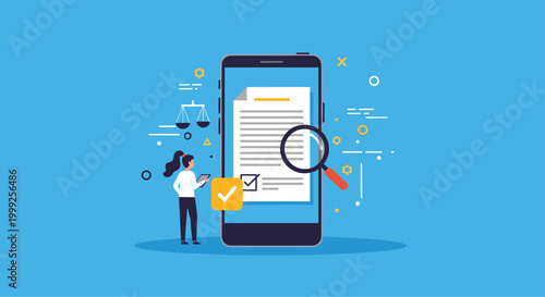 Digital legal document on smartphone screen with scales of justice and magnifying glass represents mobile law and audit services.