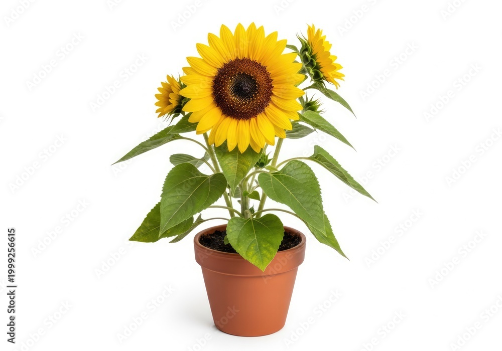 Obraz premium A vibrant sunflower in a terracotta pot, showcasing its bright yellow petals and lush green leaves. The sunflower stands tall and proud, bathed in natural light.