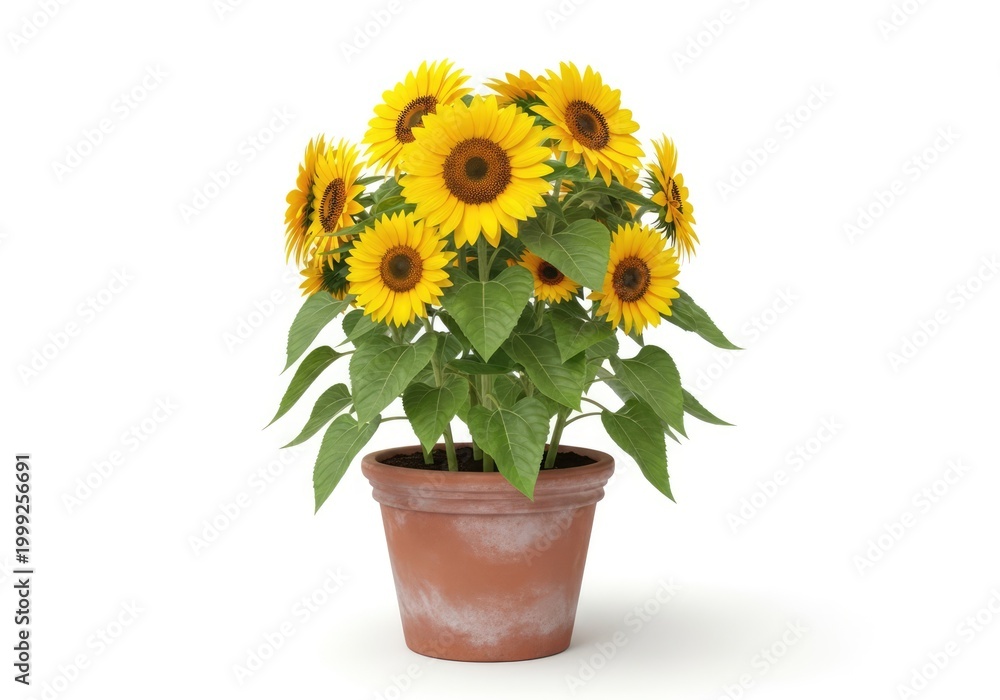 Obraz premium A vibrant sunflower plant, blossoming with bright yellow petals, potted in a terracotta pot