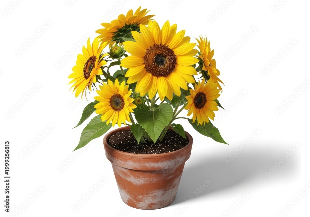 Obraz premium Sunflowers in a ceramic pot. This photo features vibrant, blossoming sunflowers in a clay pot, showcasing their bright yellow petals and striking brown centers