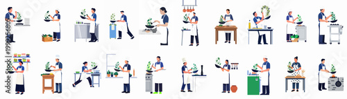 Collection of diverse chefs and cooks in aprons preparing food by tossing ingredients in frying pans, professional culinary staff flat vector illustration set.