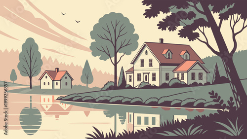 Vintage Nature Landscapes Featuring Seasonal Scenery, Tropical Beaches, Forest Cabins, and Countryside Storybook Illustrations