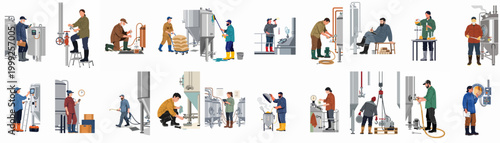 Flat vector set of brewery and beverage production workers performing various tasks in a modern industrial brewery environment.