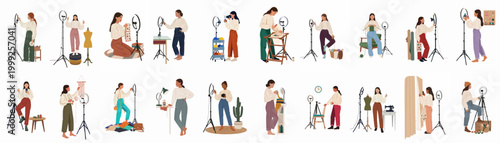 Illustration set of female artisans and bloggers filming creative craft tutorials, sewing, knitting, and embroidery projects for digital platforms.