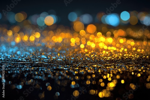 Abstract pattern of blurred lights reflecting on wet, dark surface
