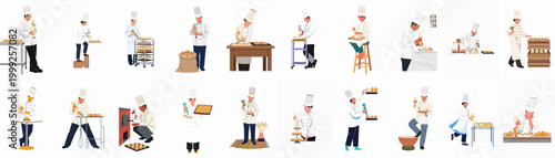 Flat vector illustration set of professional pastry chefs decorating cakes and pastries with piping bags on a white background.