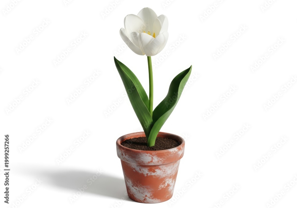 Fototapeta premium A beautiful white tulip blooming in a terracotta pot with fresh leaves
