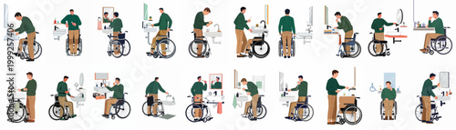 Illustrations of a man in a wheelchair performing daily bathroom routines in accessible spaces, showing inclusive design for people with physical disabilities.