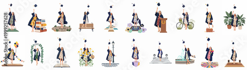 Set of flat vector illustrations featuring a young female graduate celebrating her graduation with different backgrounds, throwing her mortarboard cap in the air.