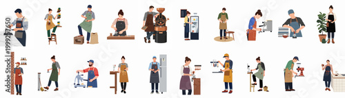 Flat illustration set of diverse professional baristas and coffee shop staff performing various tasks such as brewing, roasting, and serving coffee.