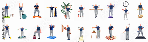 Flat illustration set of an active senior man performing various gym exercises, strength training, and balance workouts with dumbbells and fitness equipment.