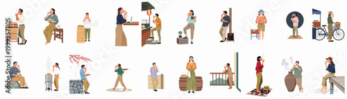 Large Collection of Diverse People Enjoying Traditional Steamed Bao Buns in Various Settings, Flat Vector Style Illustrations for Street Food Concepts.