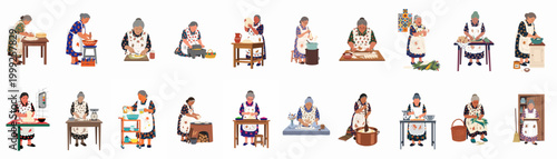 Large set of flat vector illustrations featuring elderly women cooking, baking, and preparing traditional homemade food in various domestic kitchen settings.