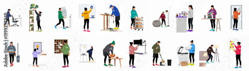 Comprehensive set of 20 flat illustrations depicting various office maintenance, facility management, and administrative tasks in a modern corporate workplace environment.