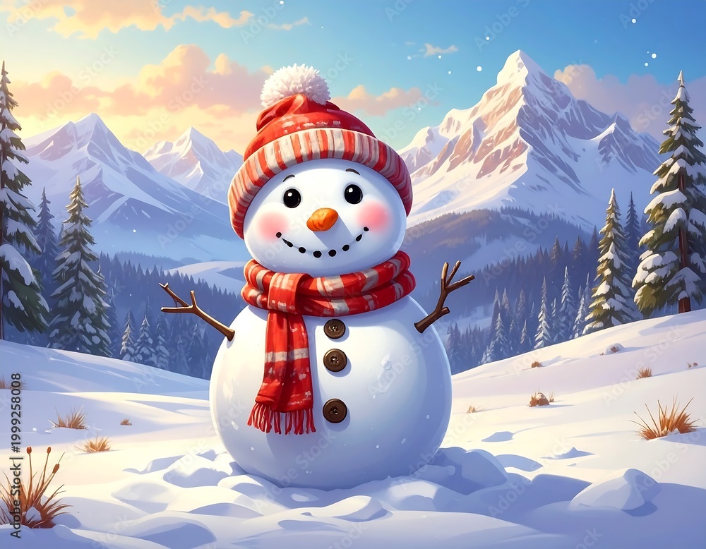 Obraz premium Whimsical snowman smiles joyfully, adorned in winter attire, set against a snow-covered landscape of towering peaks