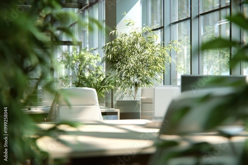 Lush indoor plants create a vibrant, natural atmosphere in a modern office