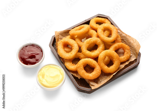 Tray with fried breaded oni...