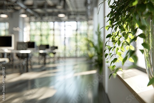 Sunlit modern office with plants, blurred desks, and large windows