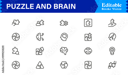 Puzzle And Brain Concept Line Icon Set – Professional, Minimal, Editable Vector Collection for Smart, Logical, and Creative Thinking Designs