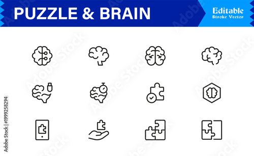 Fotografie Puzzle And Brain Concept Line Icon Set – Professional, Minimal, Editable Vector