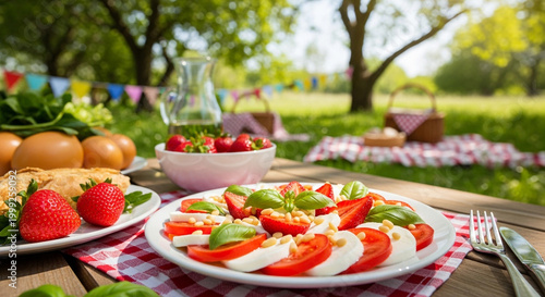 Delicious caprese salad, fresh vegetables, outdoor picnic, summer food